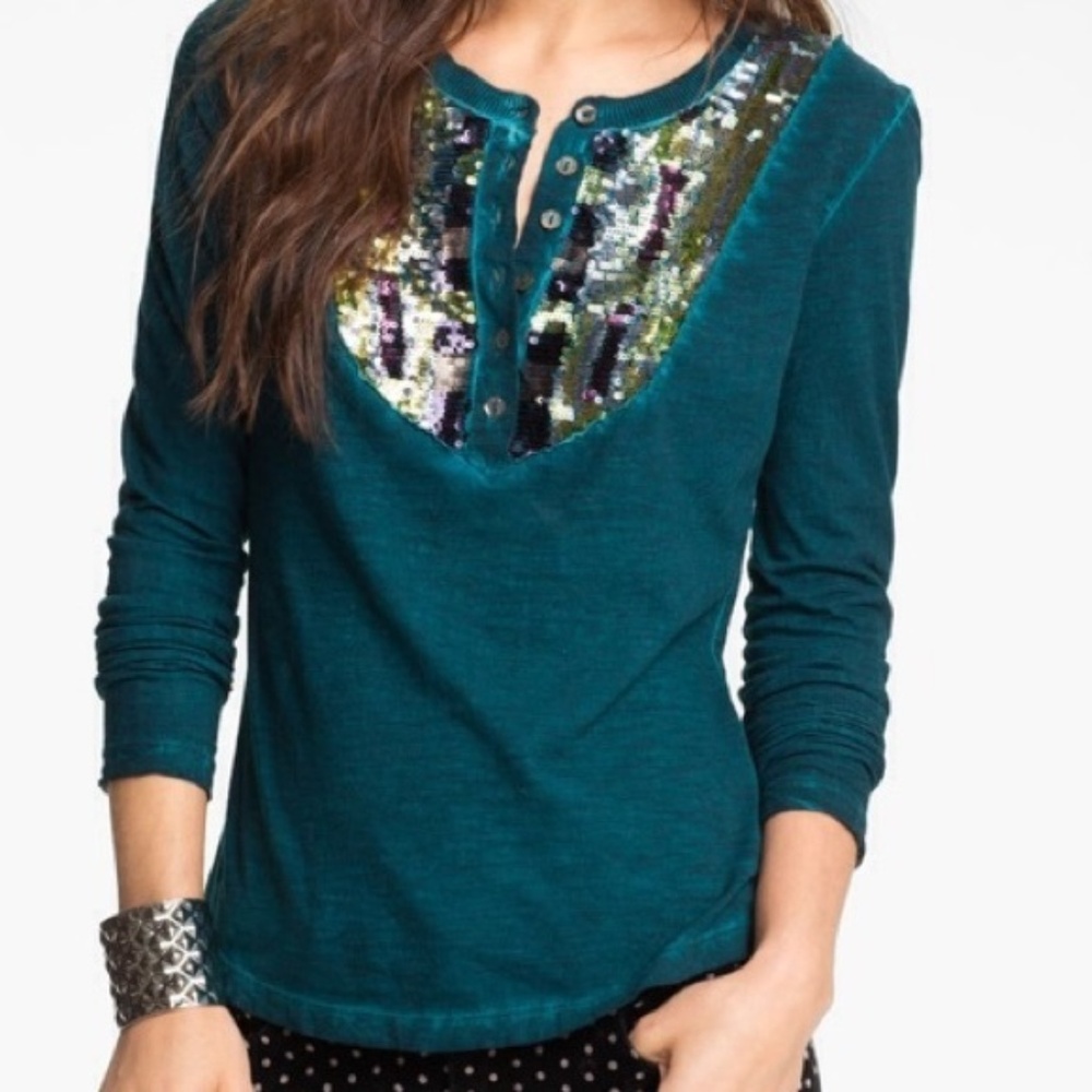 Free People 'Tiger Eyes' Sequin Bib Henley XS